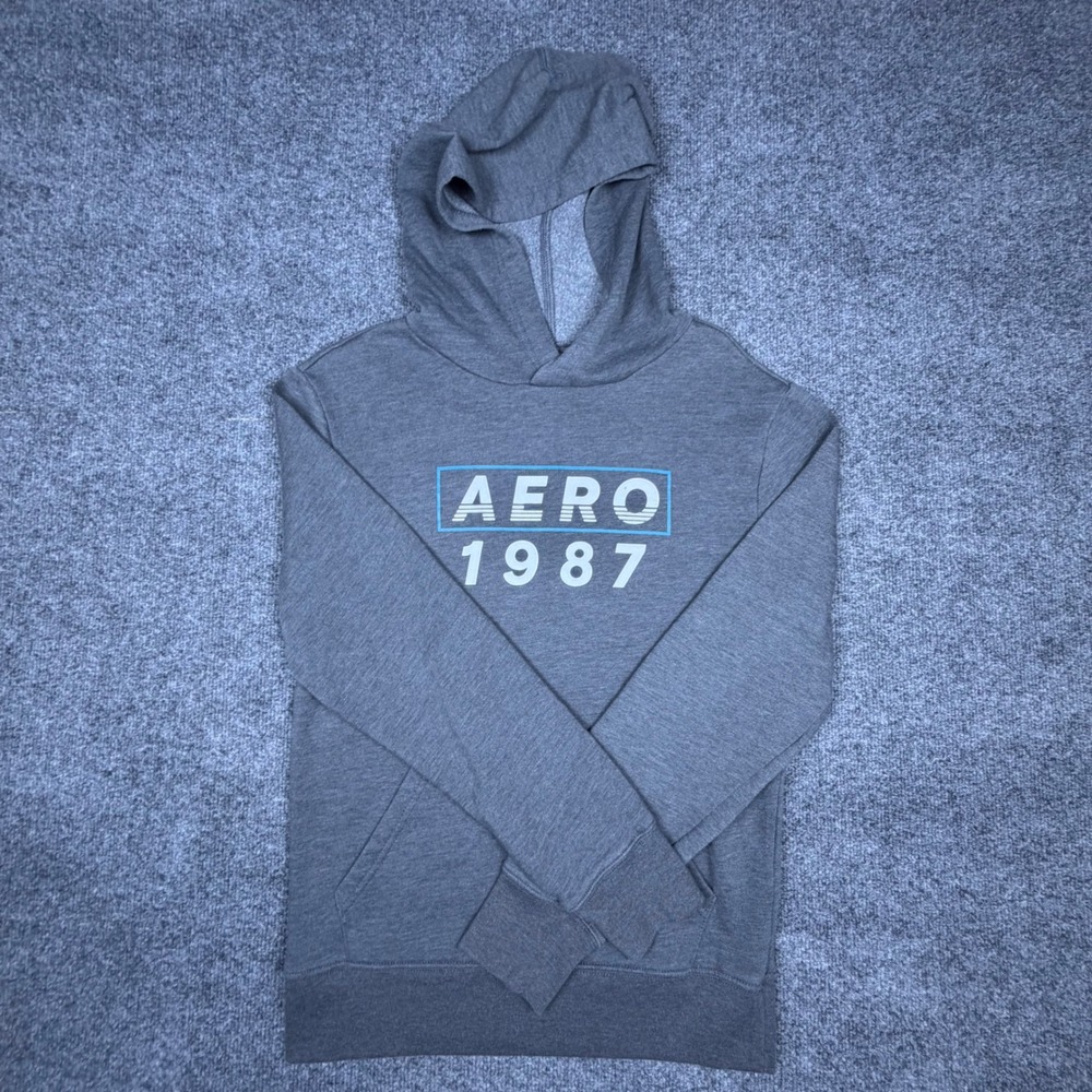 Aeropostale Mens XS Gray‎ Aero 1987 Graphic Fleece Pullover Hoodie Sweatshirt